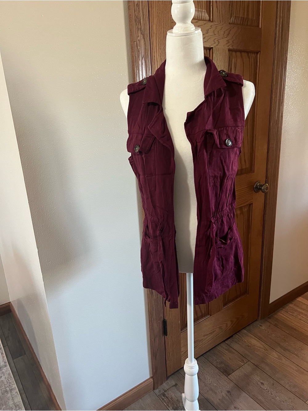 Sleeveless Utility Vest Jacket - Burgundy with Button Detail & Adjustable Waist